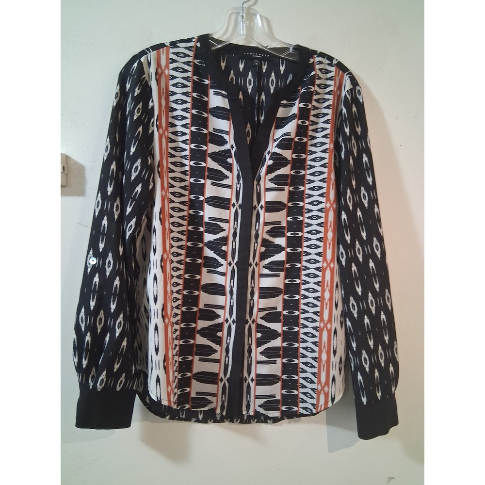 Sanctuary Clothing Women Black Ikat Geometric Roll Tab Sleeve Blouse Medium